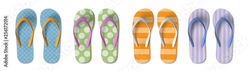 Set of colored Flip flops with different patterns - summer, beach slippers photo