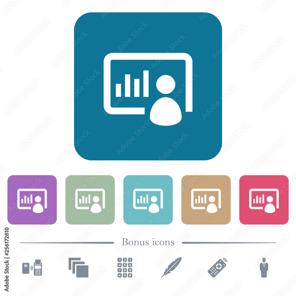 Presentation flat icons on color rounded square backgrounds Presentation flat icons on color rounded square backgrounds