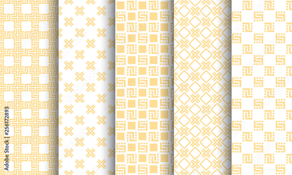 Set of different seamless patterns, white and golden texture Set of different seamless patterns, white and golden texture