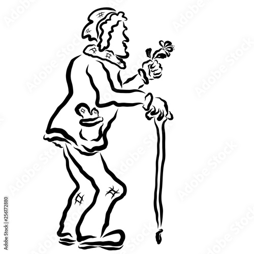 Poor old man in love, with a cane and a flower in his hand