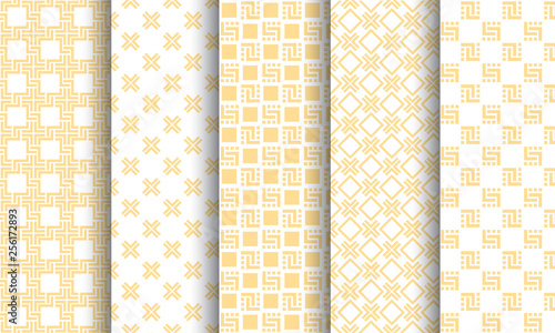 Set of different seamless patterns, white and golden texture