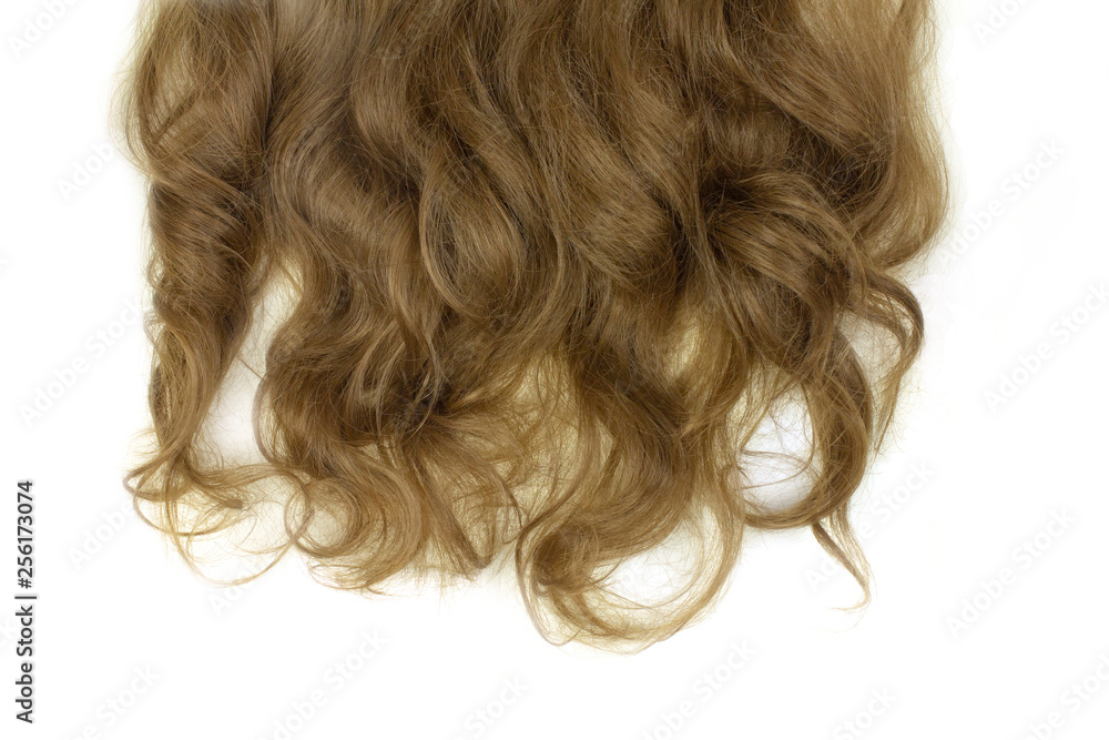 Naklejka premium Light brown long hair on a white background. Long curly hair.