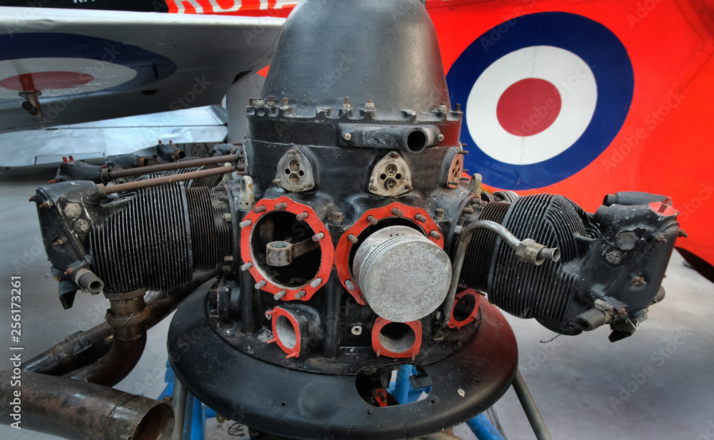 Old radial aircraft engine showing cylinder, piston and connecting rod
