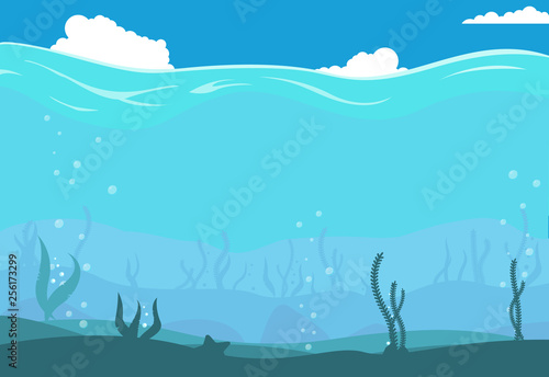 Underwater cartoon seascape.  Background with seaweeds and corals silhouettes. Ocean deep