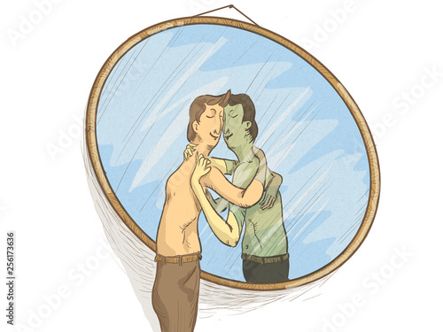 Illustration of a man in the mirror in love with himself in a self-sexual attitude
