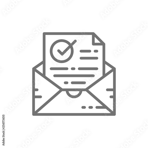 Confirmation letter, checked, envelope with document and check mark, successful e-mail delivery, verification line icon.