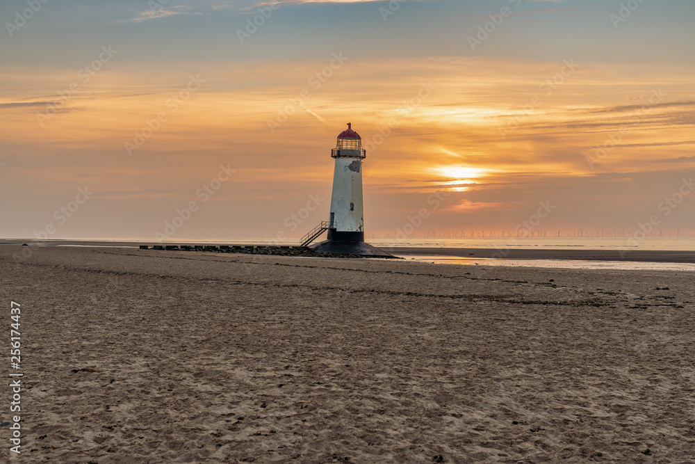 Sunset at the Point of Ayr Lighthouse near Talacre, Flintshire, Clwyd, Wales, UK