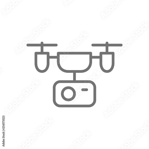 Drone with action camera, quadcopter, delivery line icon.