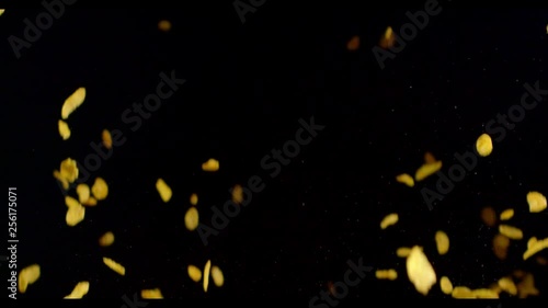 Cornflakes flying through the air in front of a black background photo