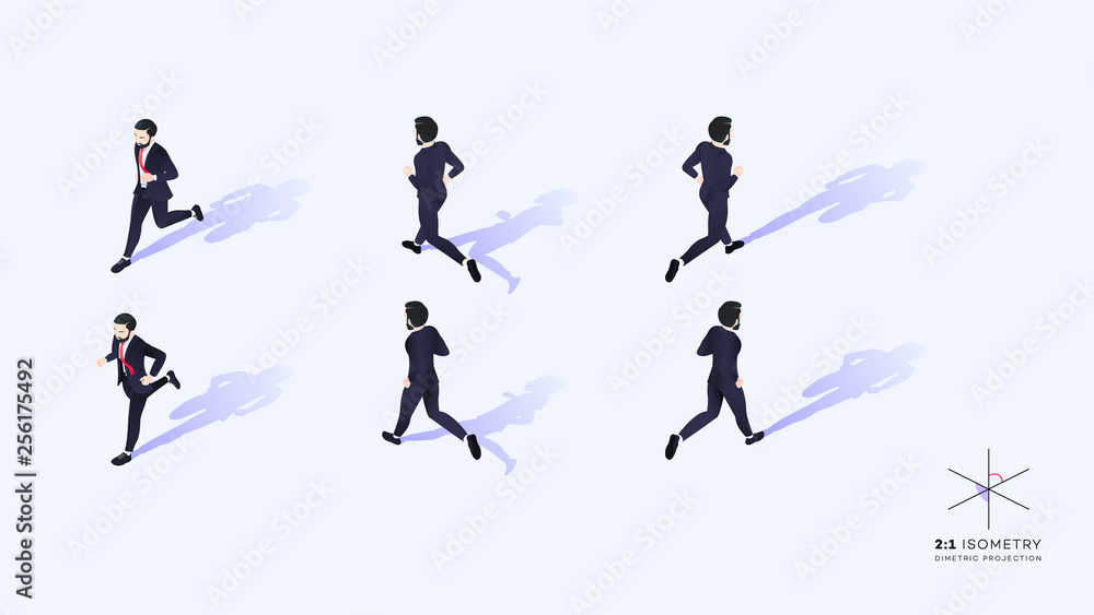 3d Running Business People. Conceptual Isometric Illustration. Dimetric Video Game Ready Projection.