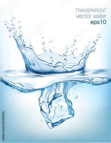 Transparent vector water splash and ice cubes on light background