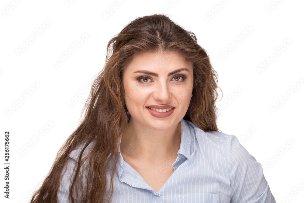 Beautiful caucasian woman with loose curly hair smiling and looking at camera. Beautiful caucasian woman with loose curly hair smiling and looking at camera.