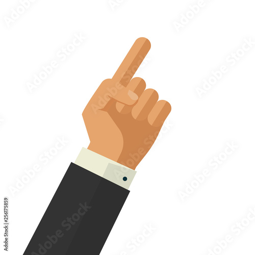 Pointer finger vector illustration, flat cartoon thumb point business man hand gesture isolated on white background clipart