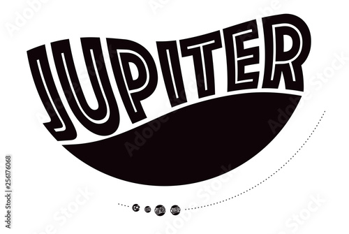 graphic illustration of planet Jupiter and moons black white