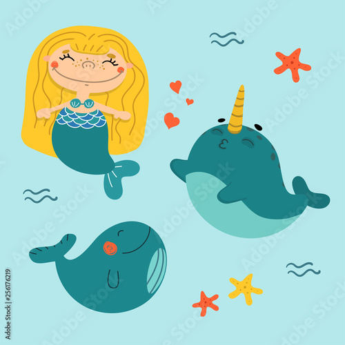 Beautiful little mermaid with long hair. Water nymph with friends - whale and narwhal. Sea theme. Vector illustration in cartoon style.