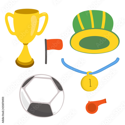 Football cartoon set: soccer ball, flag, champion's cup, medal, whistle and fan's cap. Vector illustration isolated on white background.