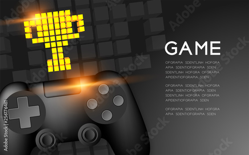 Gamepad or joypad black color with Gold Trophy Cup pixel icon, Game winner concept design illustration isolated on black gradients background, with copy space