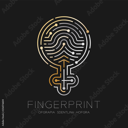 Women sign pictogram pattern Fingerprint scan logo icon dash line, female gender concept, illustration silver and gold isolated on black background with Fingerprint text and space, vector
