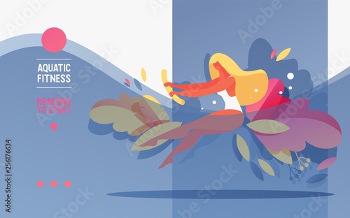 Vector landing page template or banner for pool aerobics courses or studio. Young girl diving and exersising with waterobics noodle. Blue wave and greenry for advertising and promotion