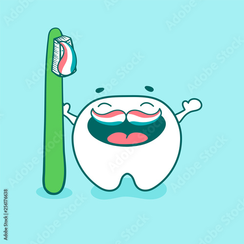 Tooth cute happy character with toothpaste and leaves of mint. Vector illustration in cartoon style.