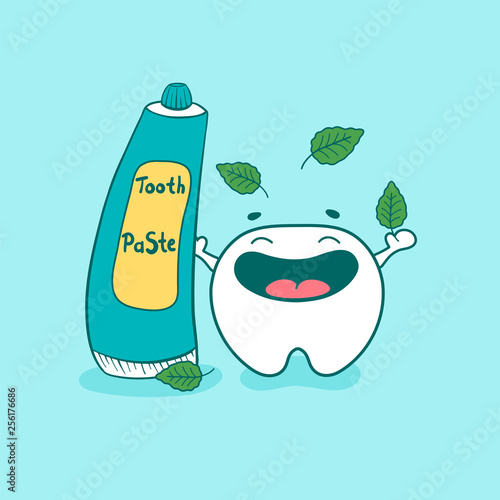 Tooth cute happy character with toothpaste and leaves of mint. Vector illustration in cartoon style.