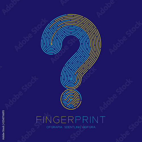 Question mark sign pattern Fingerprint scan logo icon dash line, Doubt concept, Editable stroke illustration blue and yellow isolated on blue background with Fingerprint text and space, vector eps10