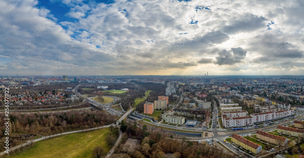 Munich from above, shot by a drone at a cloudy spring day.