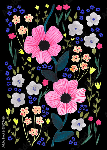 Pink flowers in black background