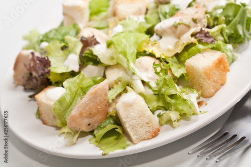 Traditional Caesar salad made of Romaine lettuce, grilled chicken breast and croutons with dressing and Parmesan cheese