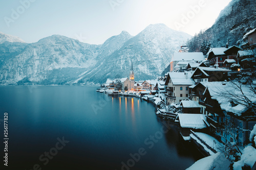 Hallstatt at twilight in winter, Salzkammergut, Austria