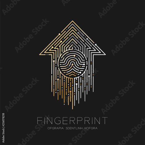 Up arrow sign Fingerprint scan pattern logo dash line, digital upload concept, Editable stroke illustration silver and gold isolated on black background with Fingerprint text and space, vector