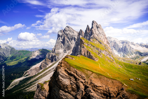 amazing dolomites mountains landscape. View of seceda over the odle group mountains, europe, italy, south tyrol, val gardena.