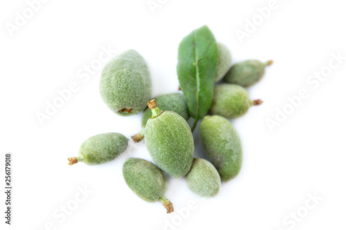 Fresh green almonds (cagla) isolated on white background