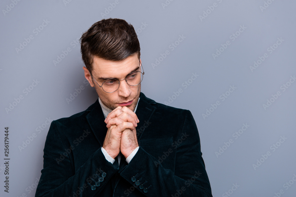 Close-up portrait of his he nice handsome attractive bearded focused sad guy wearing velveteen blazer thinking isolated over gray violet purple pastel background Close-up portrait of his he nice handsome attractive bearded focused sad guy wearing velveteen blazer thinking isolated over gray violet purple pastel background