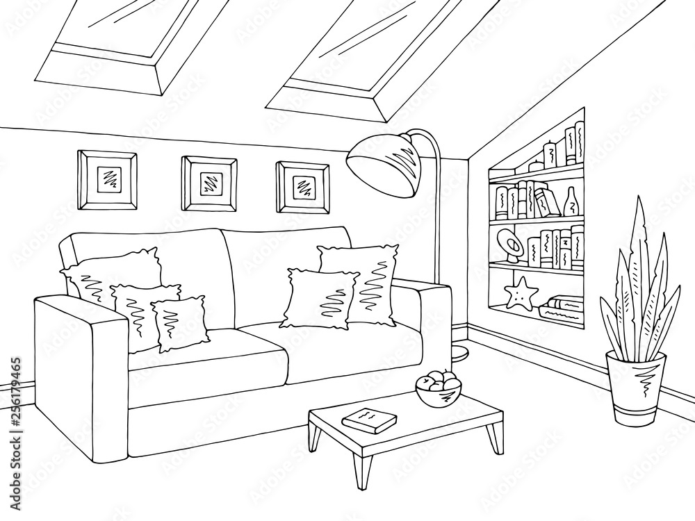Attic living room graphic black white home interior sketch illustration vector