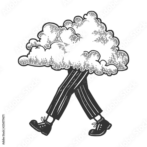 Cloud walks on its feet sketch engraving vector illustration. Scratch board style imitation. Black and white hand drawn image.