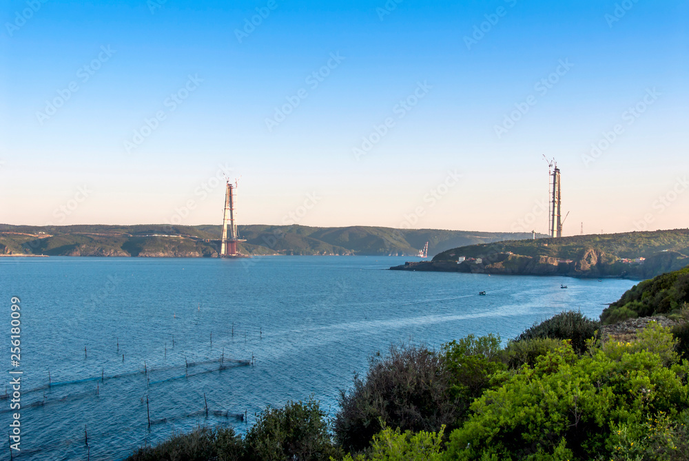Istanbul, Turkey, 9 May 2015: Yavuz Sultan Selim Bridge construction, Garipce, Sariyer Istanbul, Turkey, 9 May 2015: Yavuz Sultan Selim Bridge construction, Garipce, Sariyer