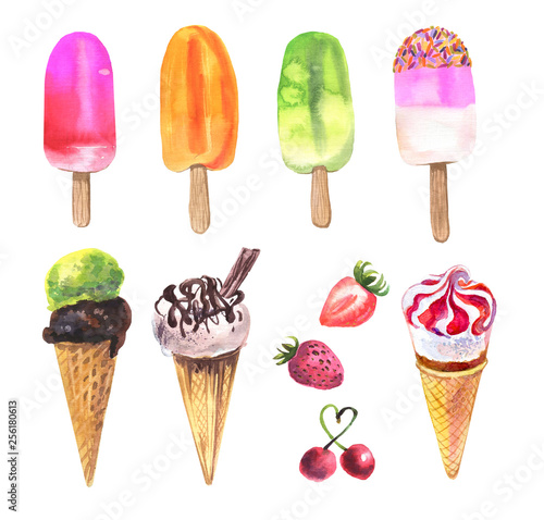 Ice cream watercolor illustration set. Colorful icecream : ice lolly, ice cream cone with chocolate.