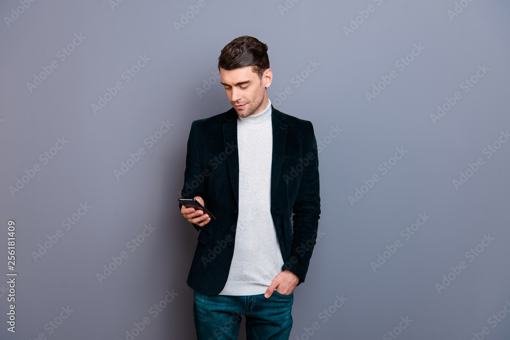 Portrait of his he nice cute attractive bearded cheerful guy wearing velveteen blazer using new cellular wi-fi shopping easy isolated over gray violet purple pastel background Portrait of his he nice cute attractive bearded cheerful guy wearing velveteen blazer using new cellular wi-fi shopping easy isolated over gray violet purple pastel background