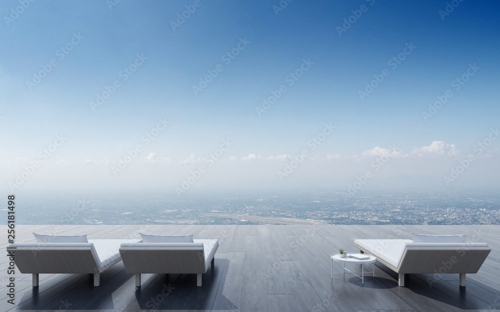 Fototapeta premium View of daybed with side table and wood terrace on city background. 3D rendering