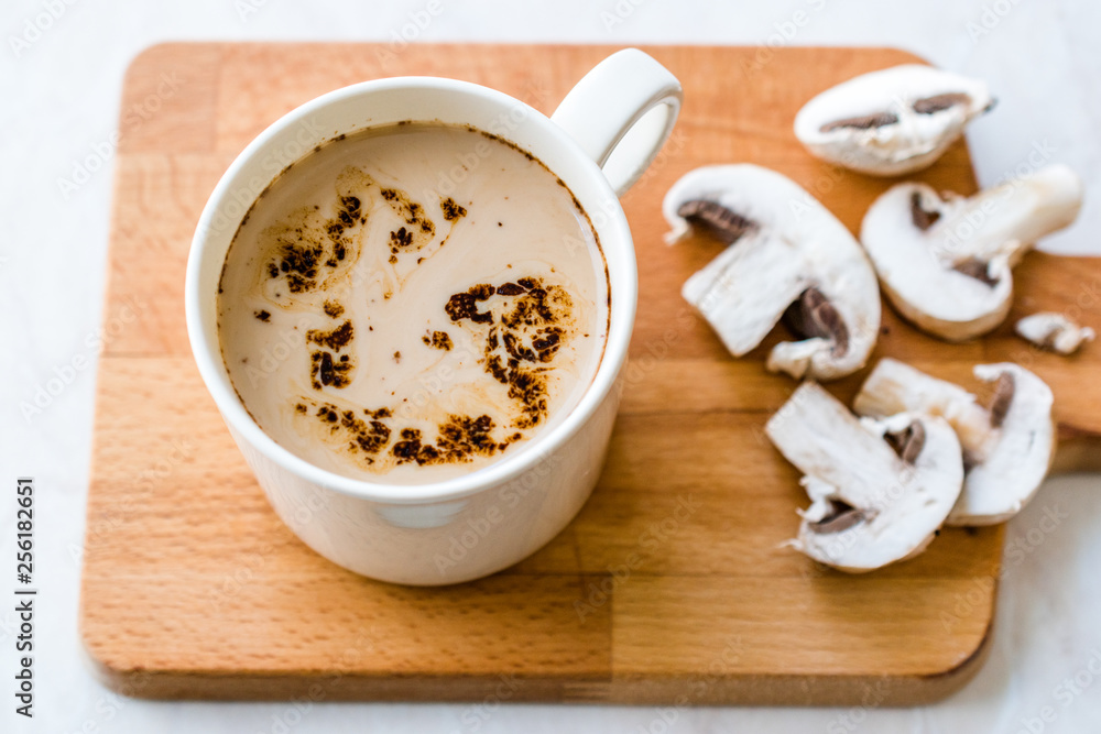 Mushroom Latte Coffee with Milk and Espresso on Wooden Board Ready to Drink. Mushroom Latte Coffee with Milk and Espresso on Wooden Board Ready to Drink.