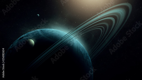 Canvas Print planet with rings and moons, planet and satellites sci fi space background reali