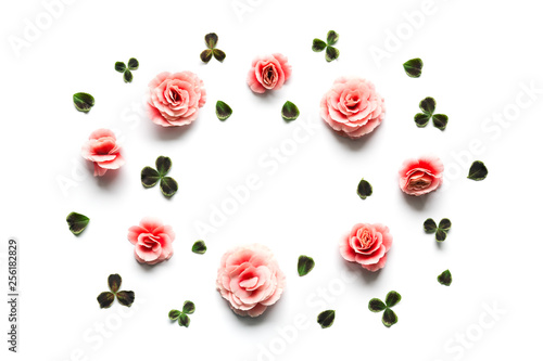 Spring Background With Pink Begonia Flowers And Clover Leaves © Metamorphosa