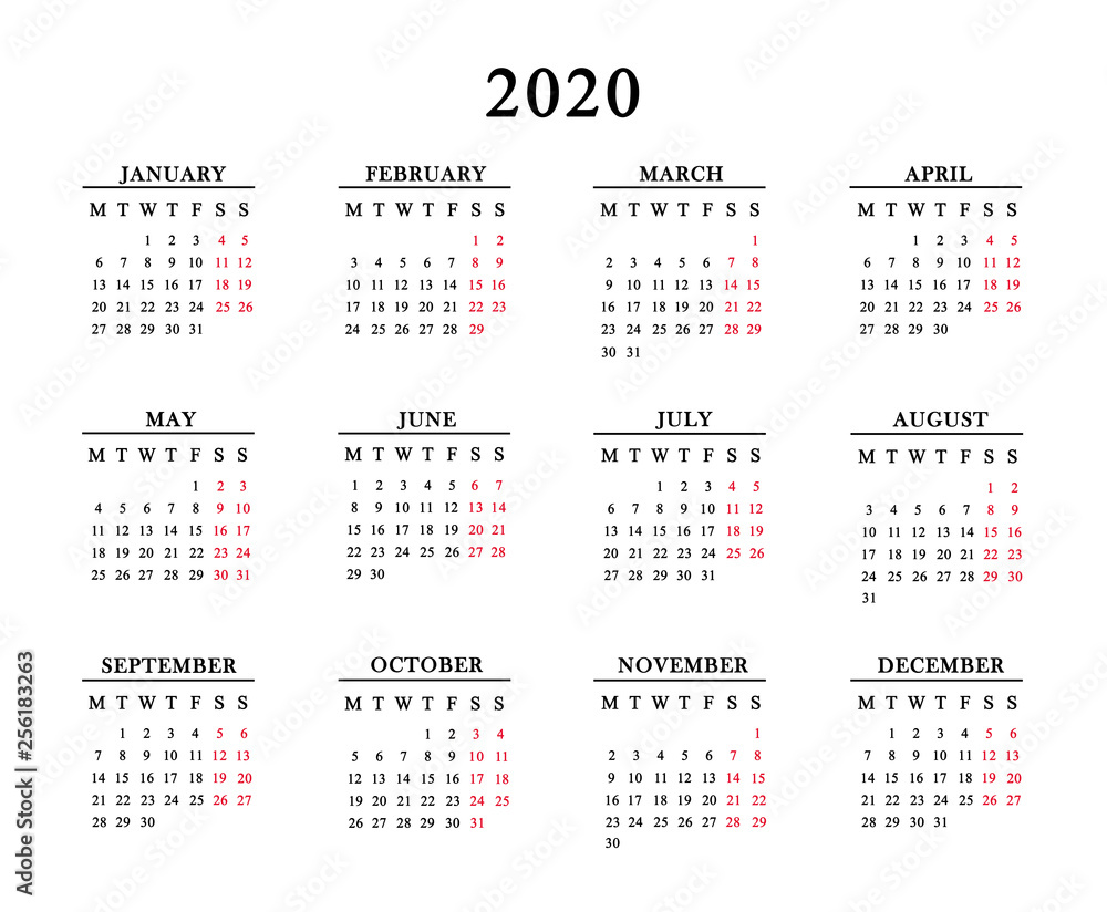 Calendar for 2020 on white background. Calendar for 2020 on white background.