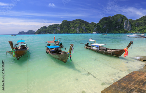 Beautiful view,seascape,boat on mountain background,South Thailand Sea in Krabi province,Andaman,Thailand