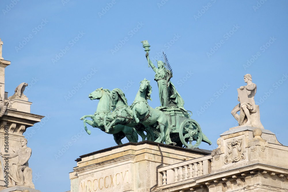 Statues on roof of Museum of Ethnography in Budapest, Hungary. The building located at Kossuth Square, across from the Hungarian Parliament