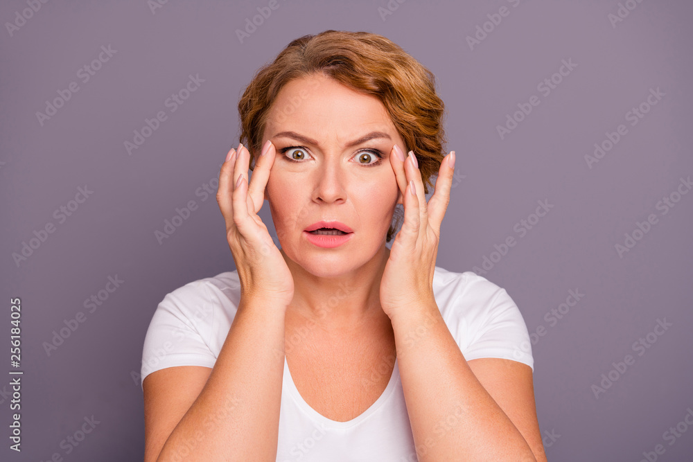 Fototapeta premium Close up photo beautiful amazing model she her lady oh no facial expression hold hands arms facial eyelid skin terrible result using cream wrinkled more wear white t-shirt isolated grey background