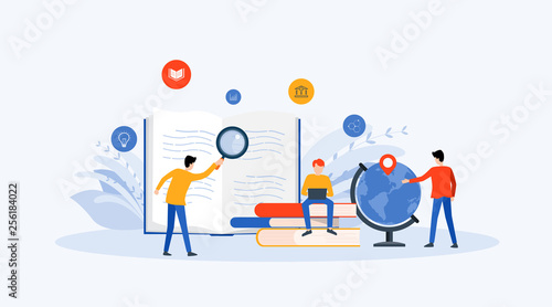 flat Vector illustration  technology business research , learning and online education concept with people business team working concept