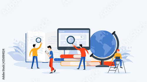 flat Vector illustration  technology business research , learning and online education concept with people business team working concept