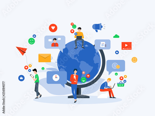 flat Vector illustration social media  and digital marketing  online connection concept with business people character use mobile  concept  photo